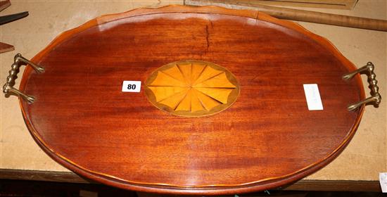 Early 20th  century mahogany and marquetry inlaid 2 handle tray